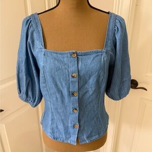Old Navy Blue Button-Front Puff Sleeve Blouse